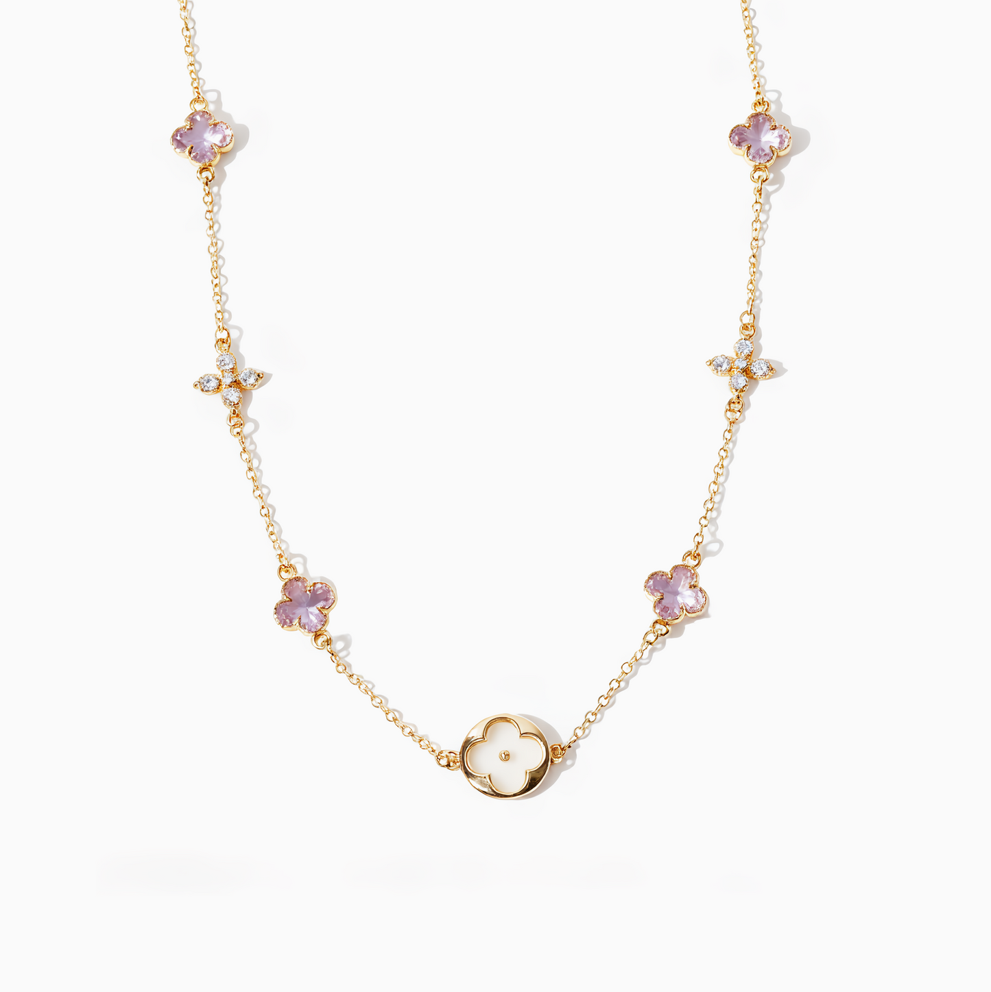 18k Coquette Lucky Shell and Purple Clover Necklace