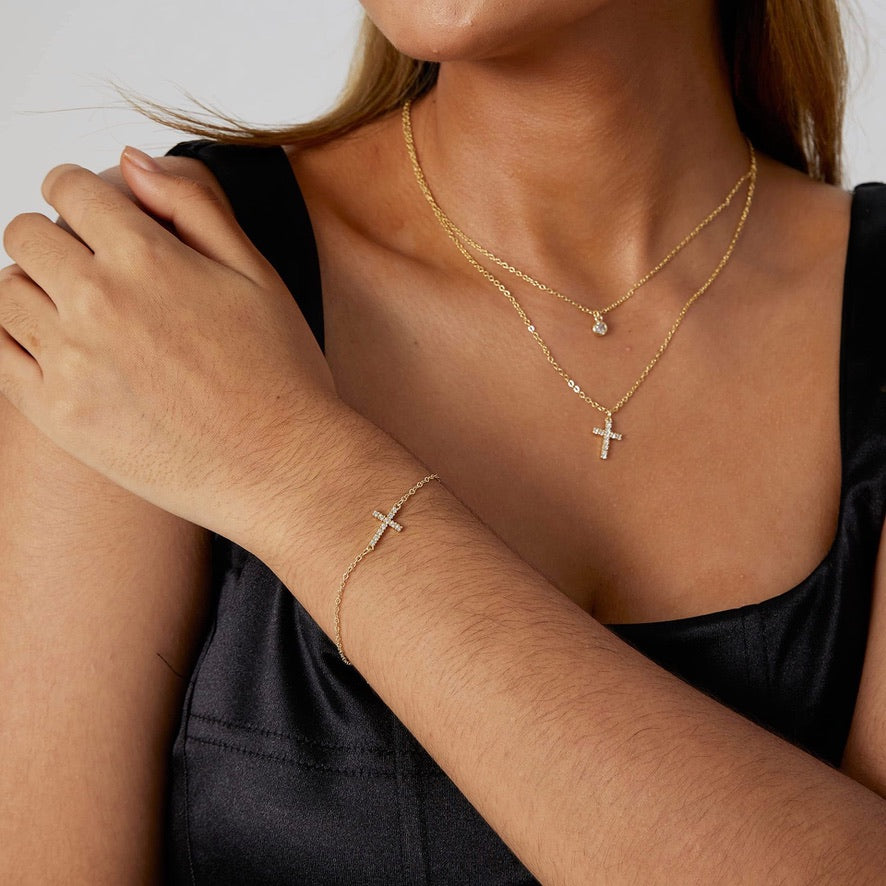 Mini Sterling Silver Diamond Cross Bracelet