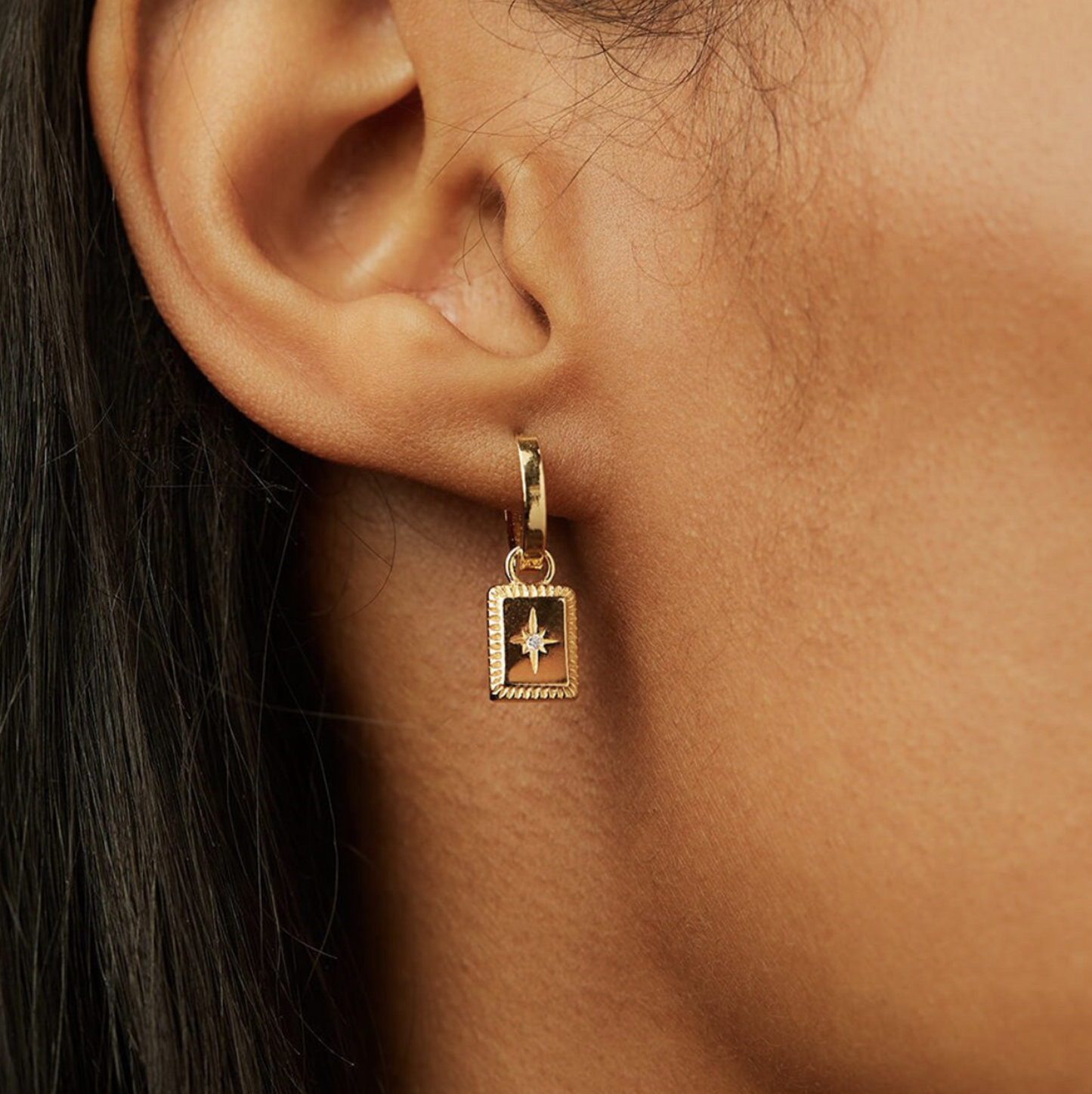 Gold Square Star Pendant Earrings