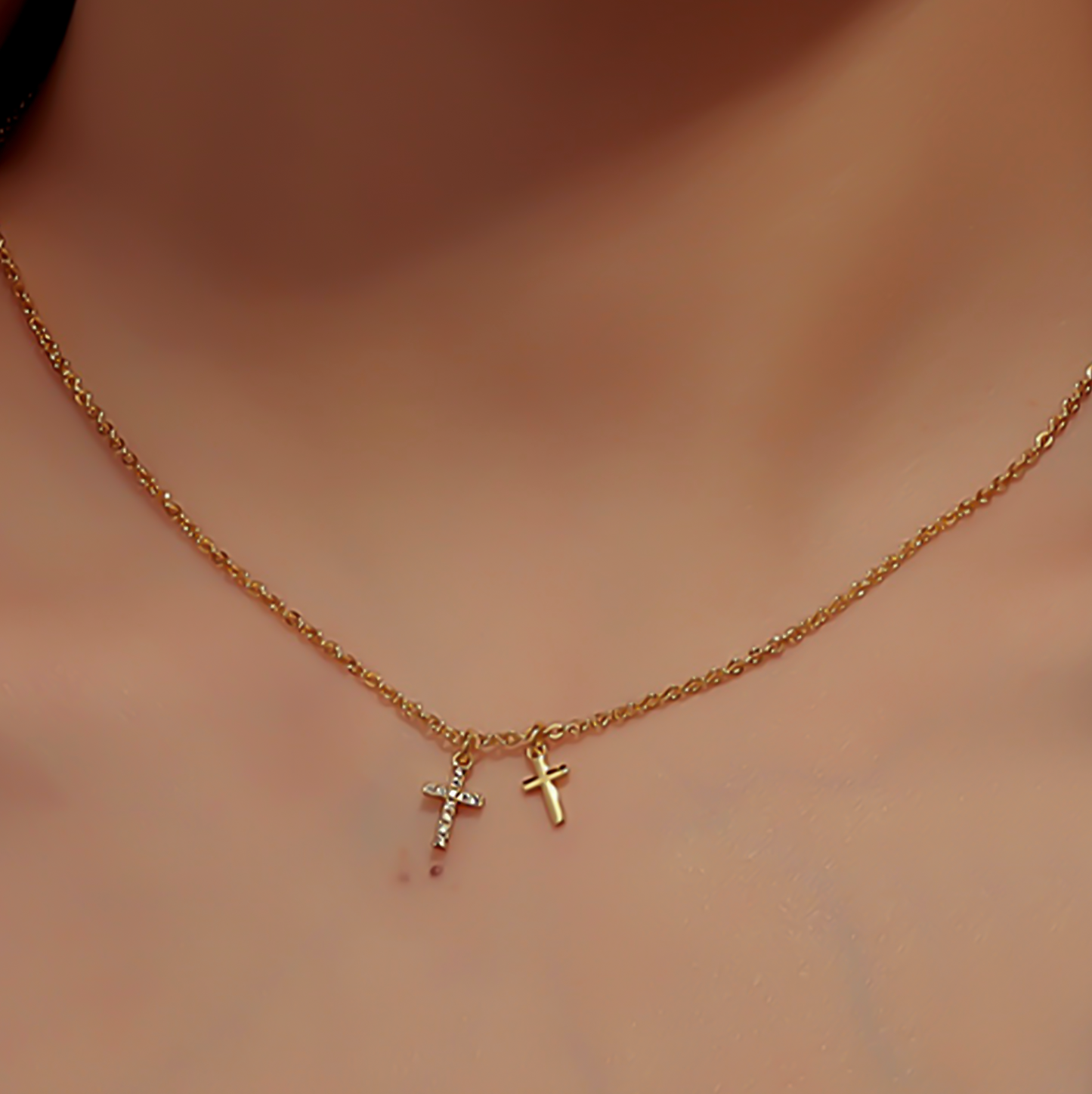 18k Yellow Gold Double Mini Cross Necklace