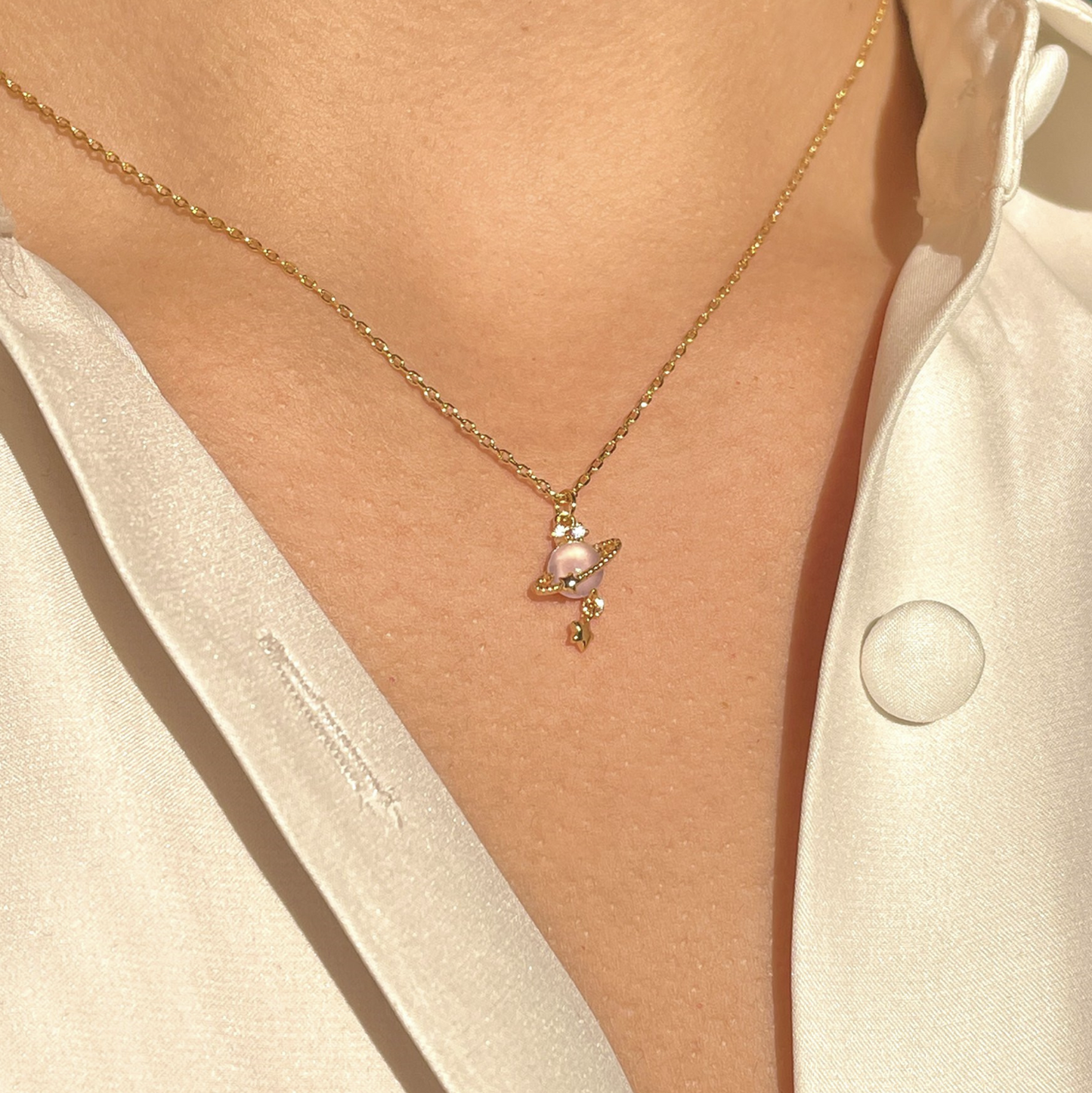 Coquette Silver Pink Planet Pendant Necklace