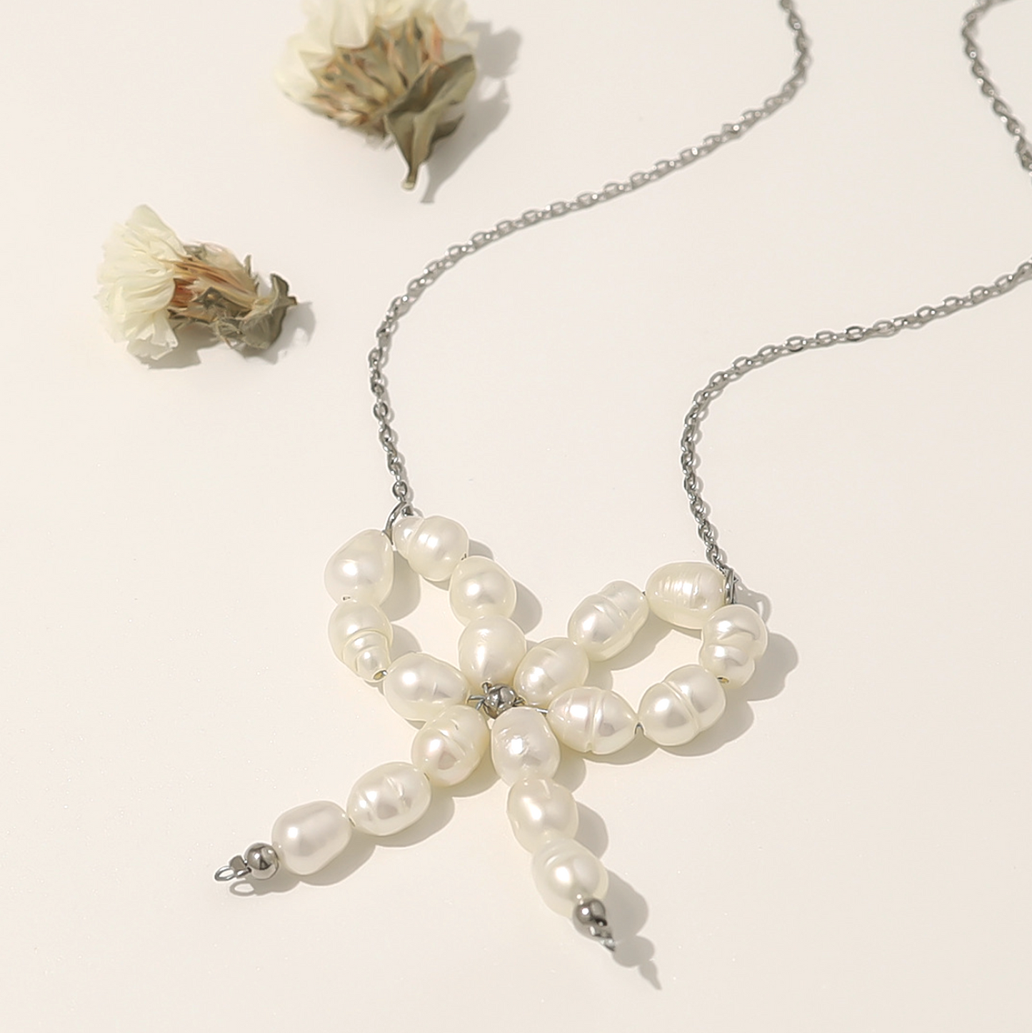 Coquette Silver Water Pearl Bow Necklace