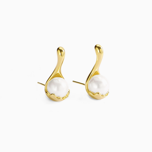 Yellow Gold Delicate Spoon Pearl Earrings