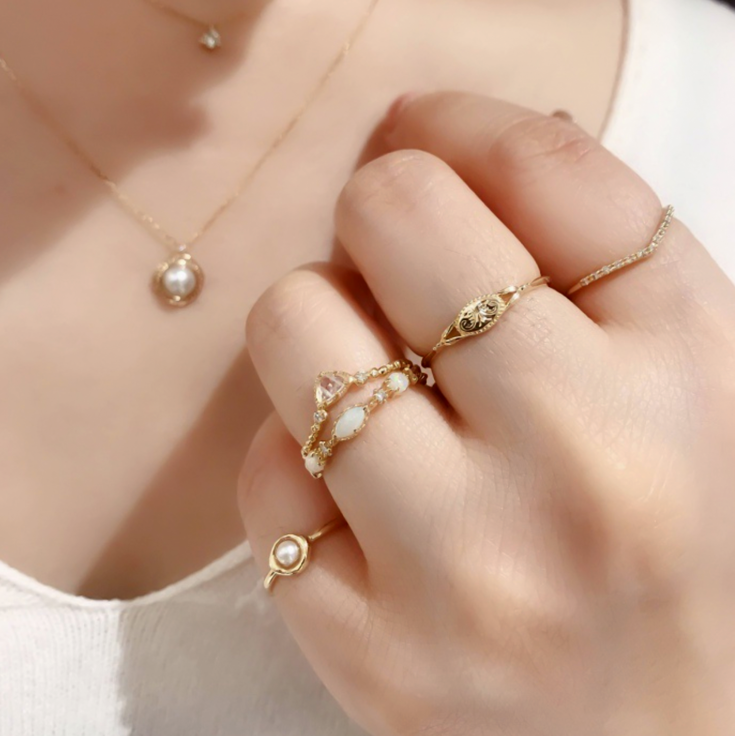 Dainty Moon Opal Stone Stack Ring