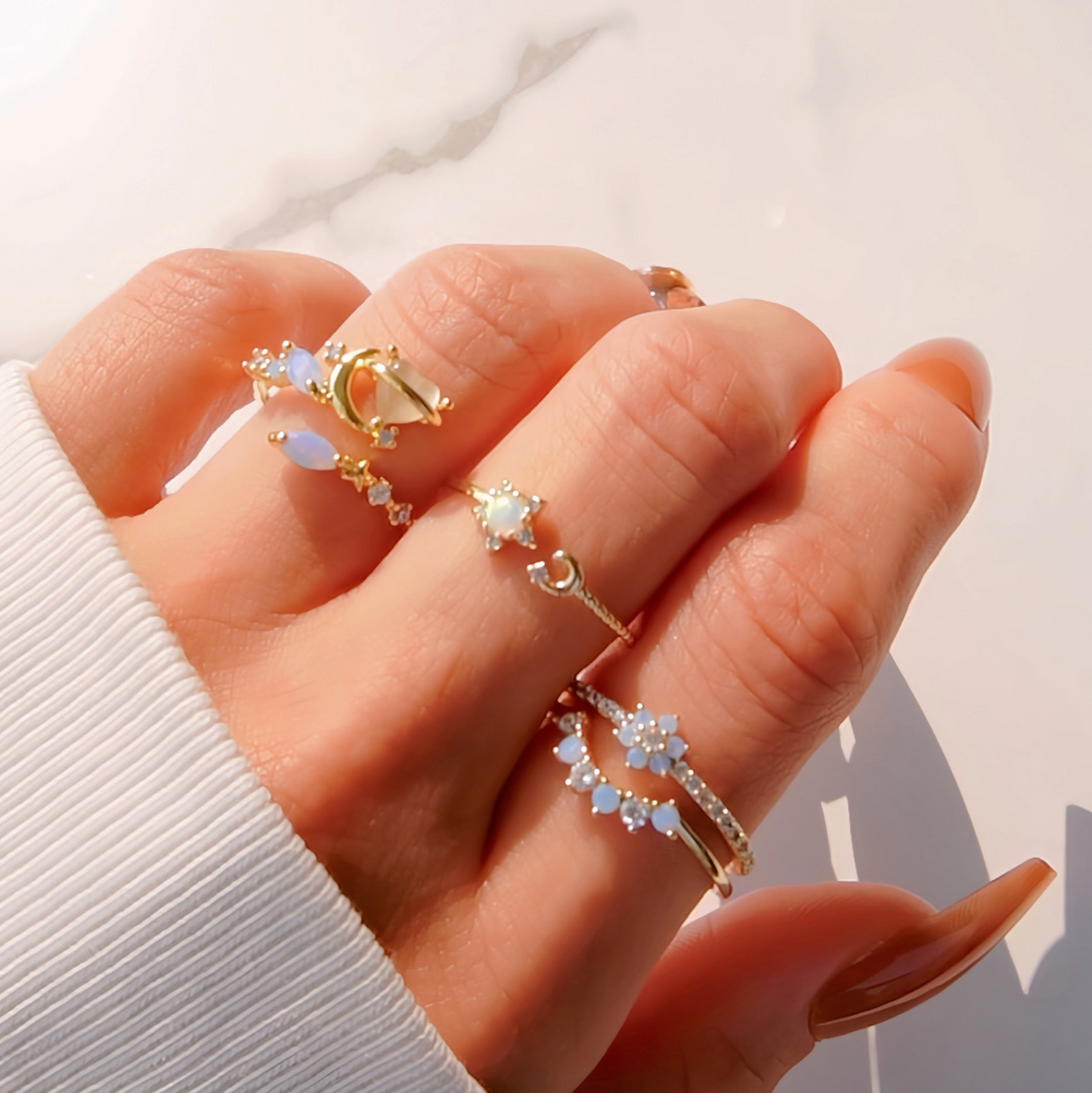 Twinkle Opal Star Halo Stack Ring