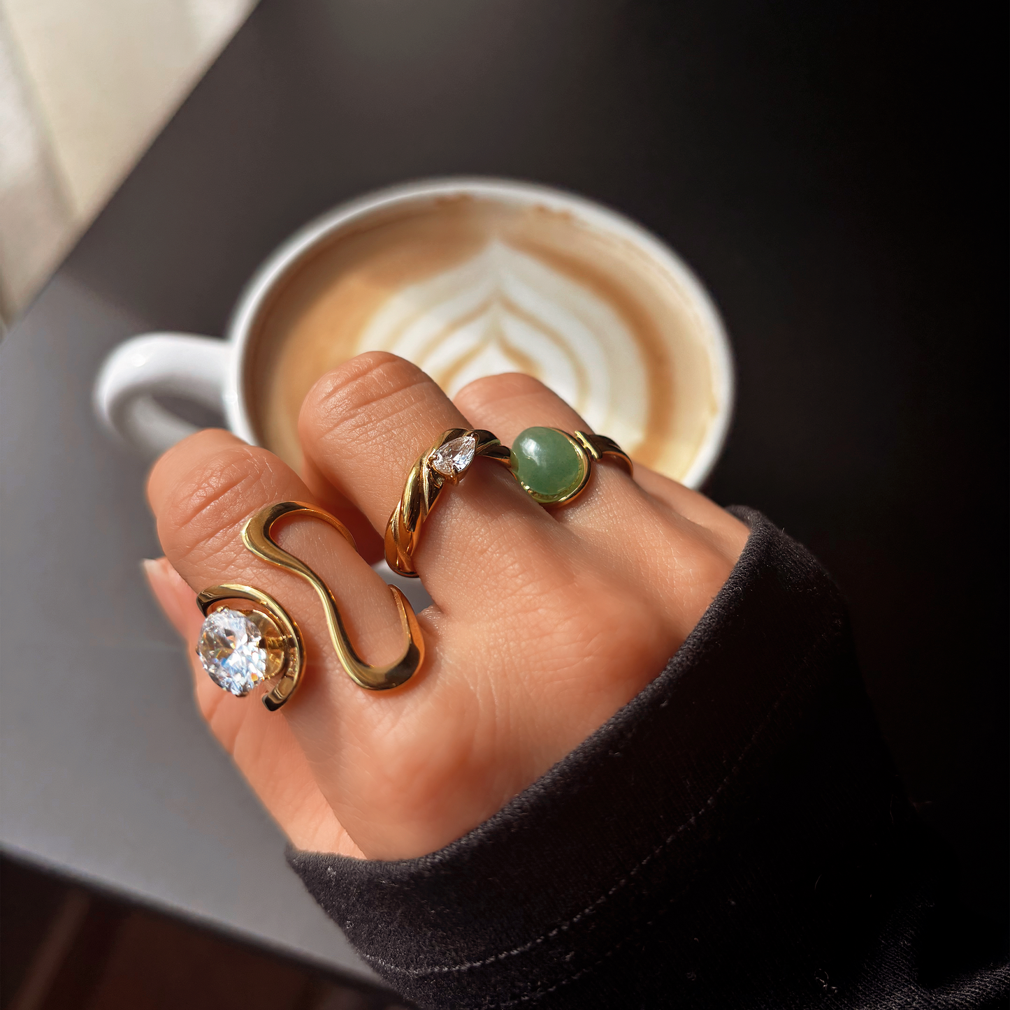 Gold Jade Statement Adjustable Ring