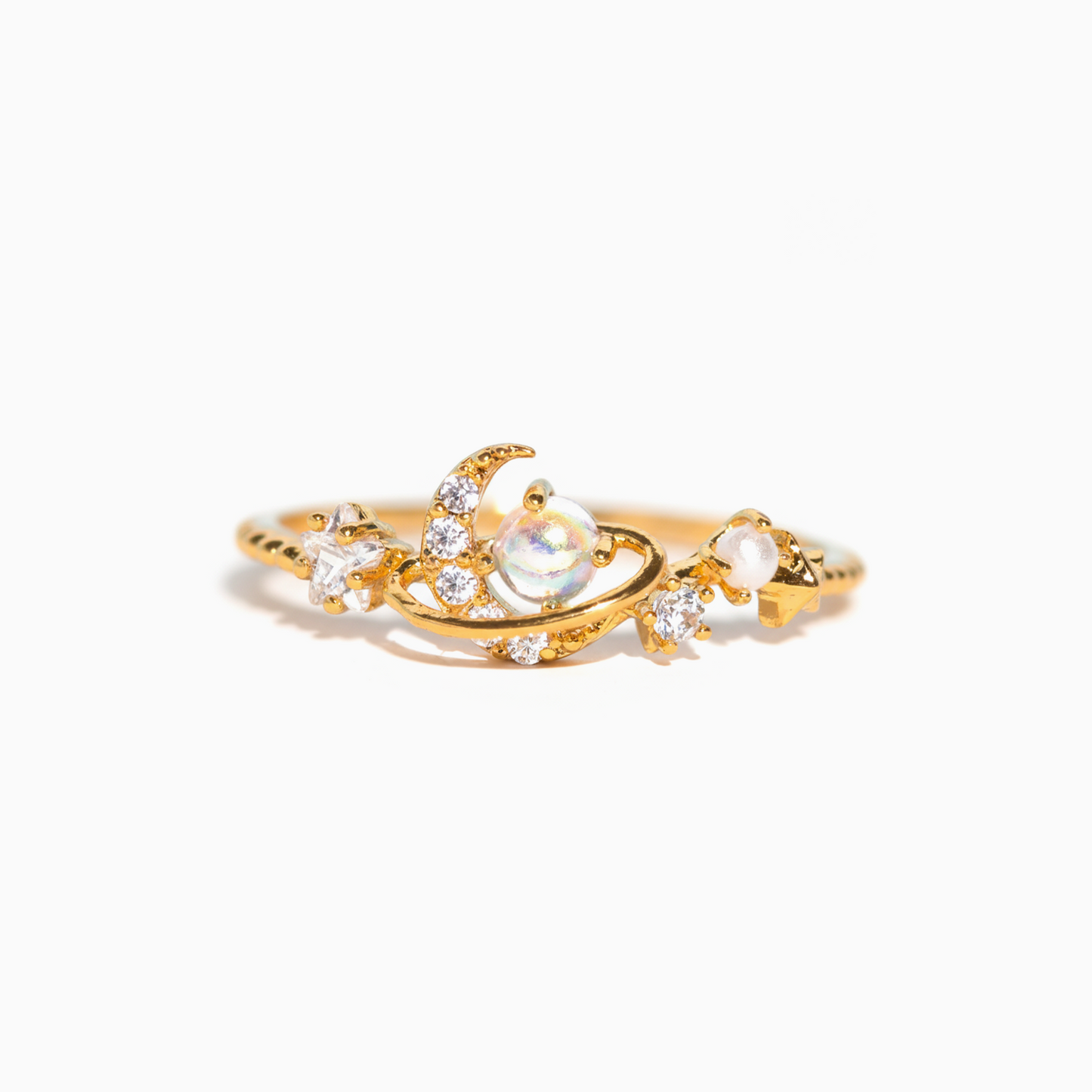 Opal Planet Celestial Moon and Star Ring