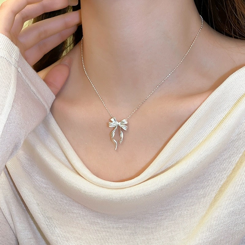 Coquette Silver Ballet Girl Ribbon Necklace
