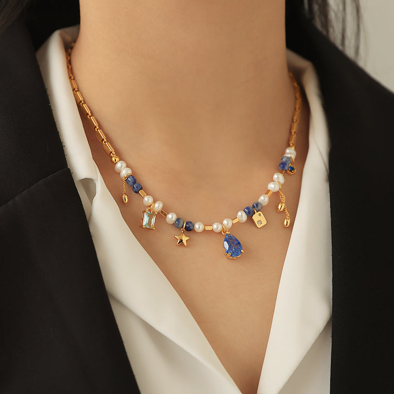 Ocean Blue Natural Waterpearl Gold-plated Necklace