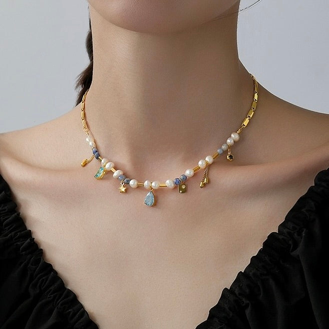 Ocean Blue Natural Waterpearl Gold-plated Necklace