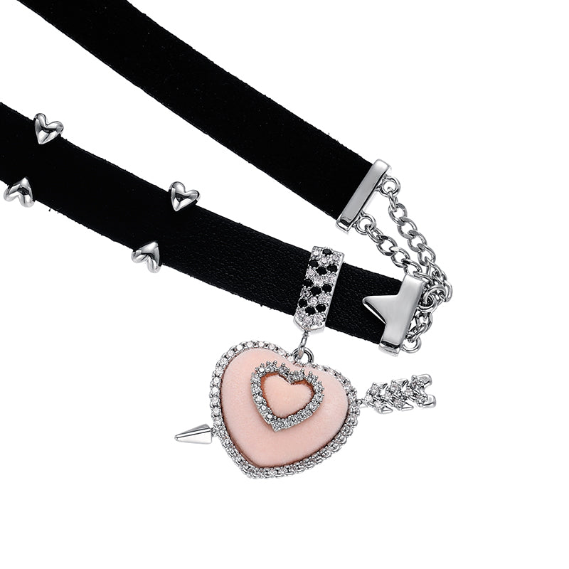Platinum-plated Flocked Pink Heart Cute Girl Pearl Bow Choker