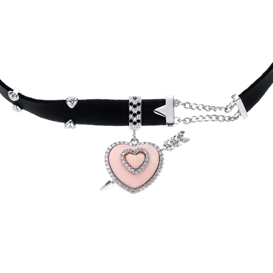 Platinum-plated Flocked Pink Heart Cute Girl Pearl Bow Choker