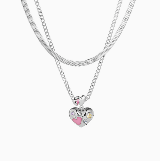 Chic Petite Pink Heart Platinum-Plated Stacking Necklace