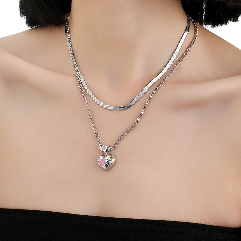 Chic Petite Pink Heart Platinum-Plated Stacking Necklace
