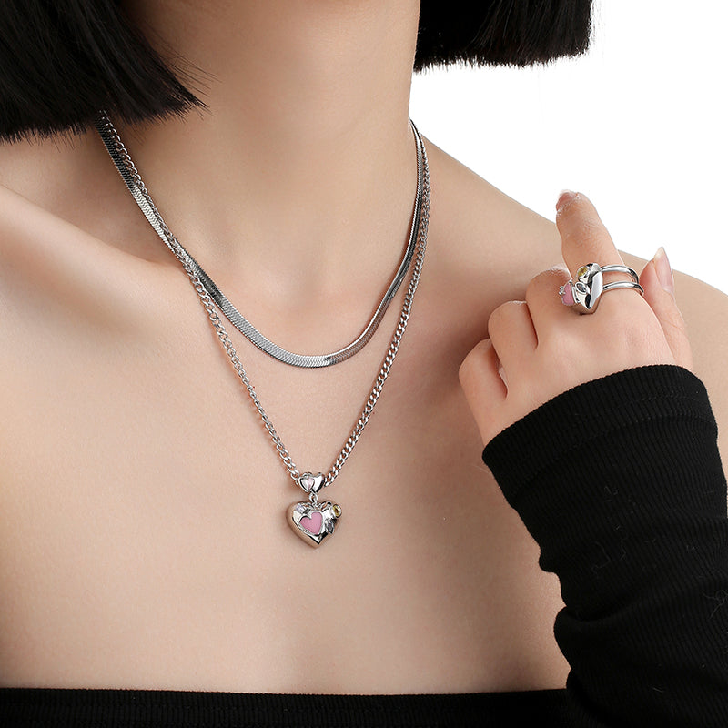 Chic Petite Pink Heart Platinum-Plated Stacking Necklace