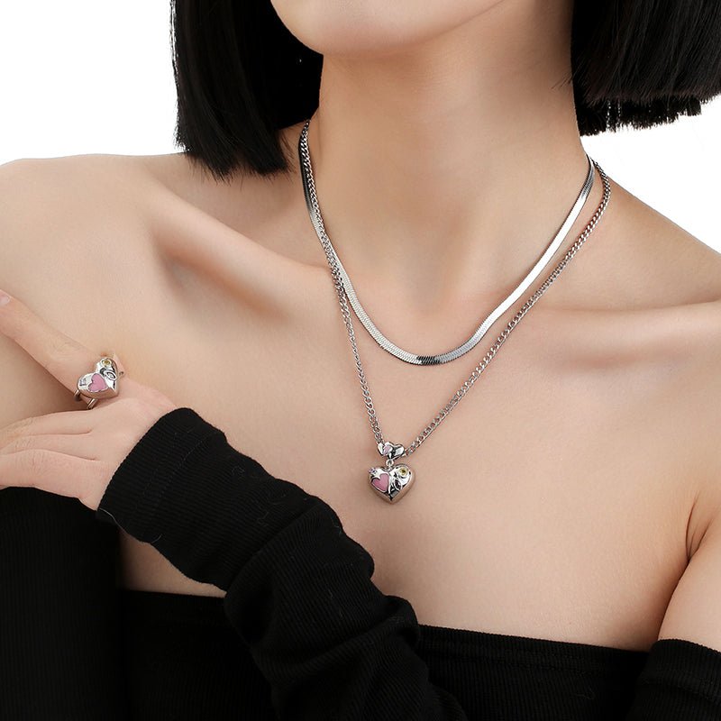 Chic Petite Pink Heart Platinum-Plated Stacking Necklace