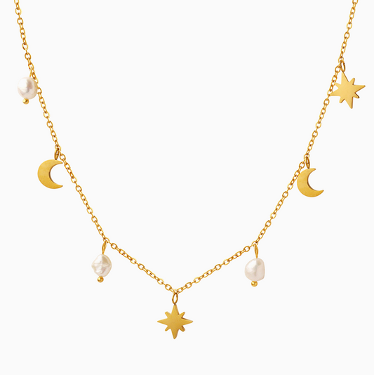 Star and Moon Pearl Charm Necklace