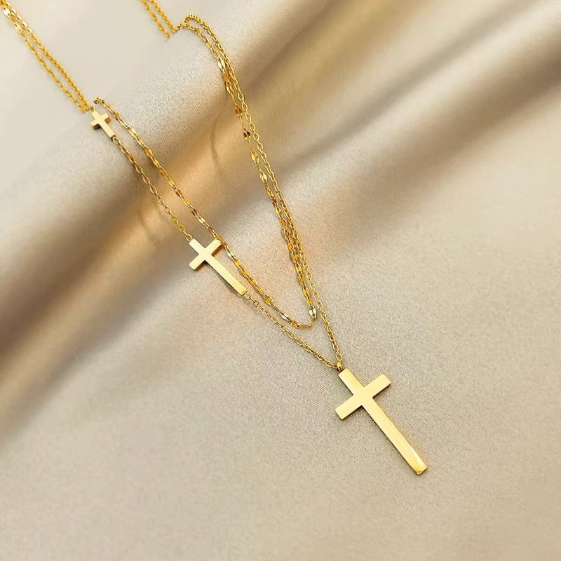 Yellow Gold Cross Charm Double-layer Necklace