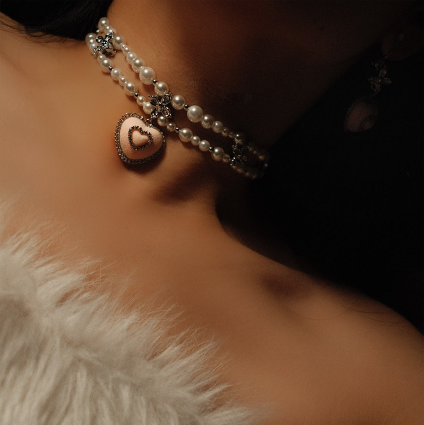 Fuzzy Pink Heart and Pearl Platinum-Plated Bow Necklace