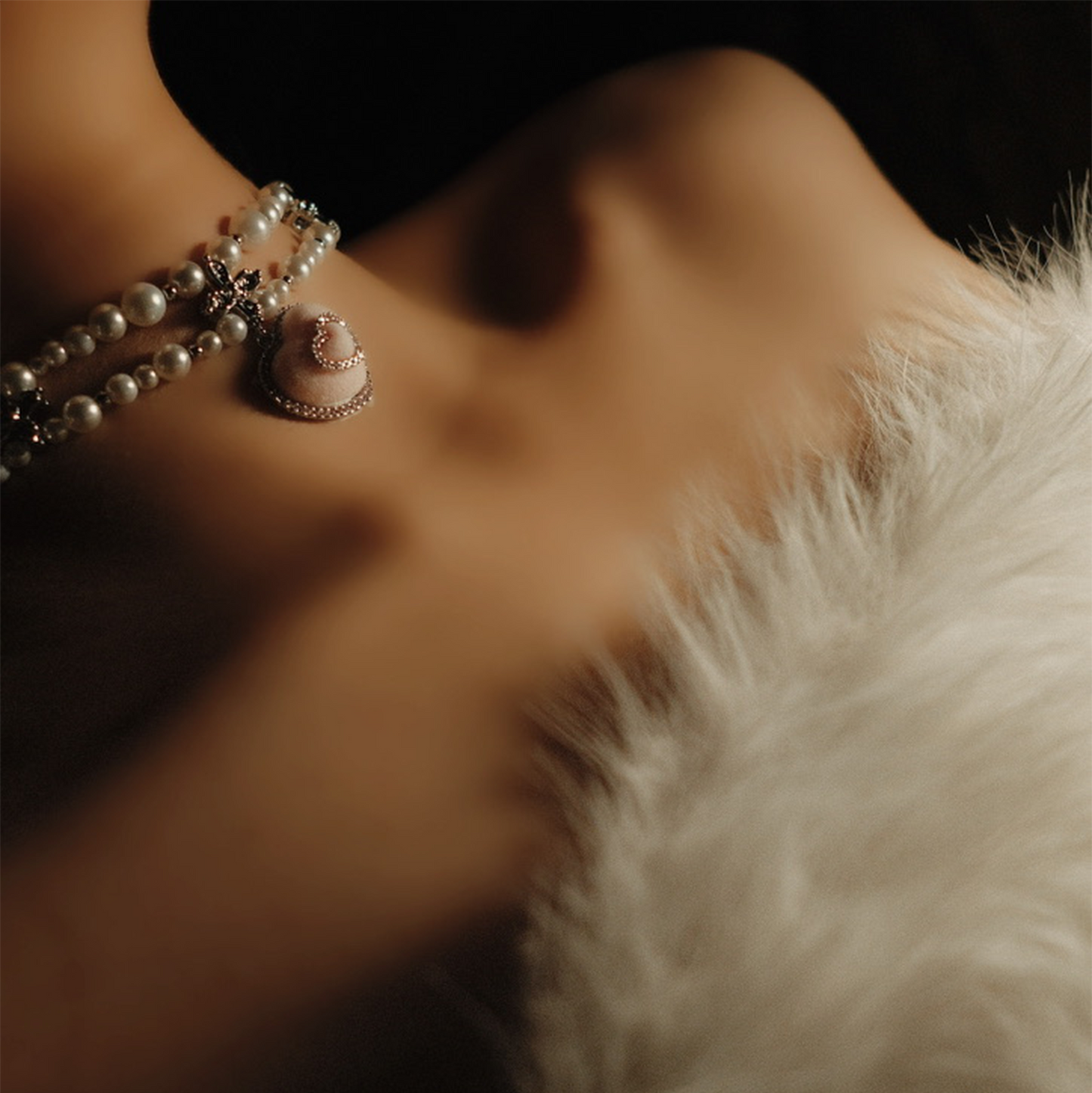 Fuzzy Pink Heart and Pearl Platinum-Plated Bow Necklace