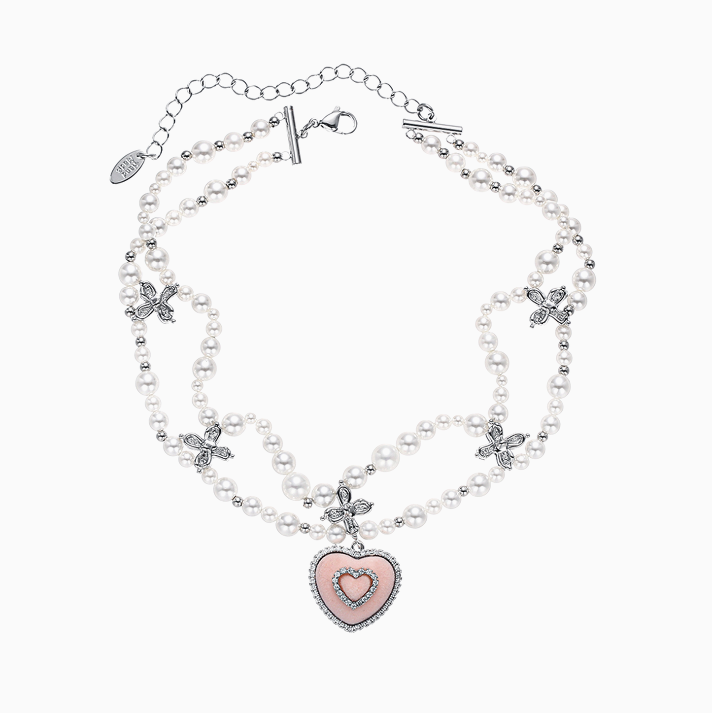 Fuzzy Pink Heart and Pearl Platinum-Plated Bow Necklace