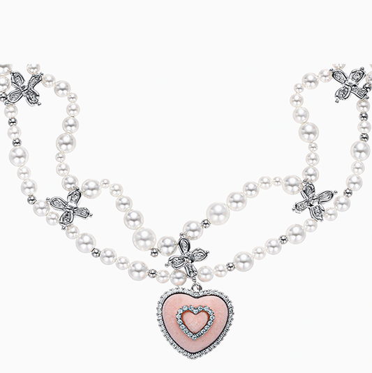 Fuzzy Pink Heart and Pearl Platinum-Plated Bow Necklace