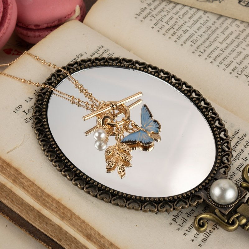 Retro Blue Butterfly Pearl Enamel 18k Gold-plated Pendant Necklace