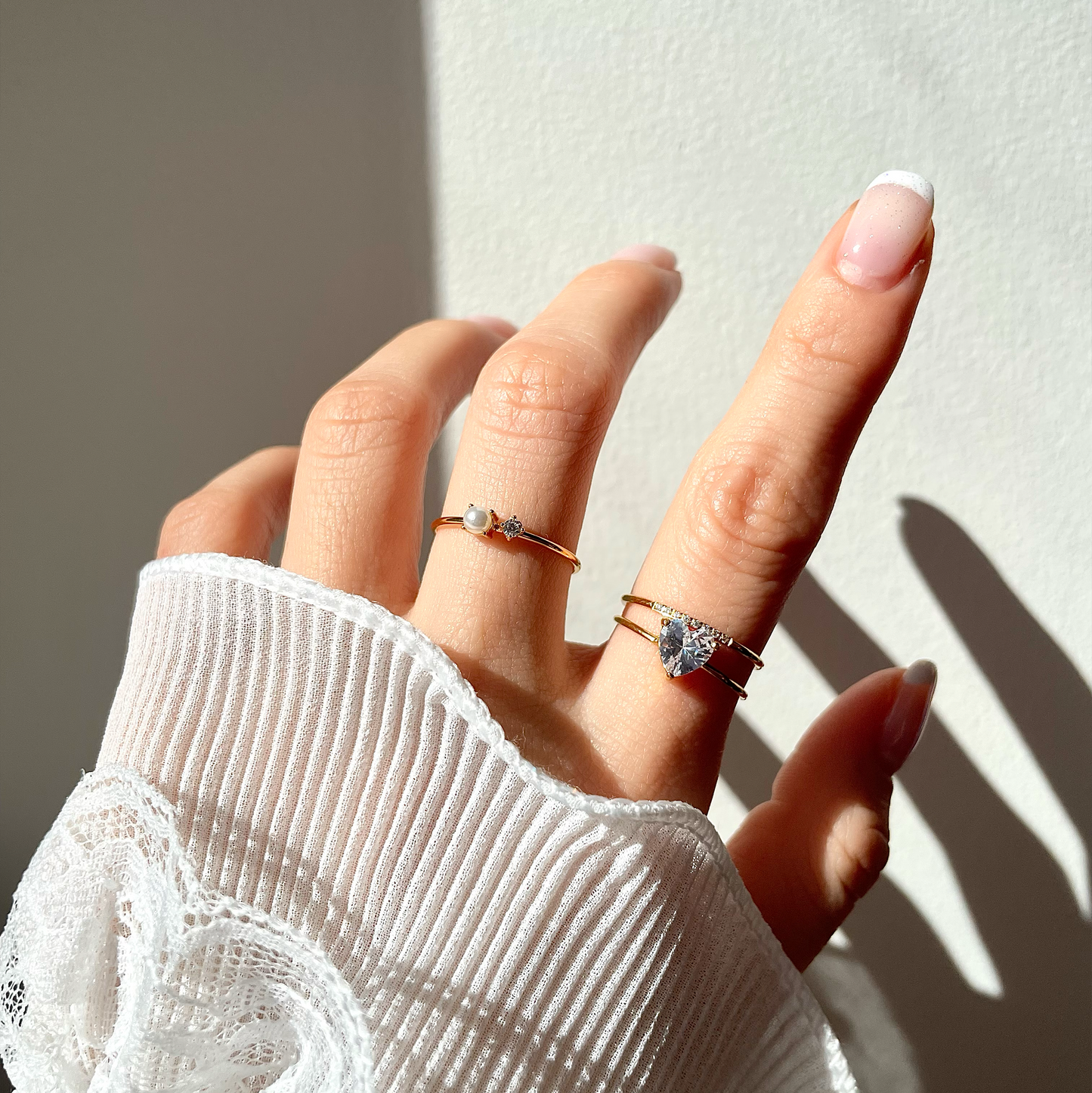 Delicate Pearl and Diamond Gold Stack Ring