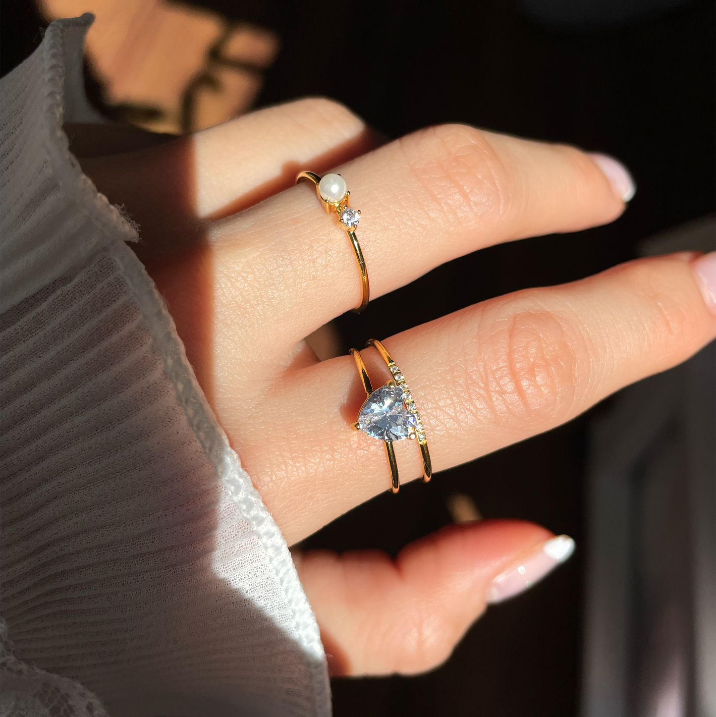 Delicate Pearl and Diamond Gold Stack Ring