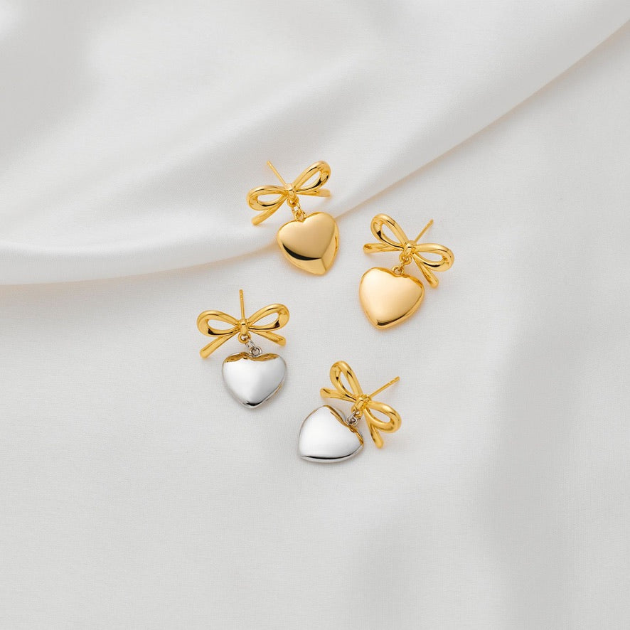 Silver Heart Bow Cute Girl Earrings