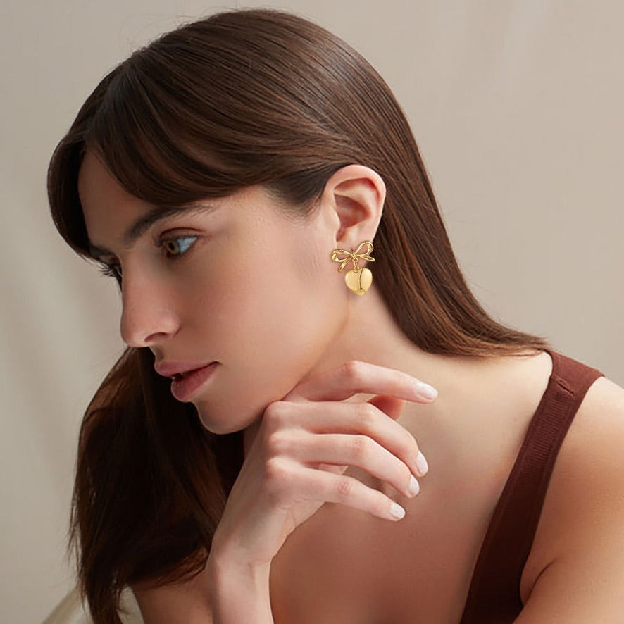 Silver Heart Bow Cute Girl Earrings