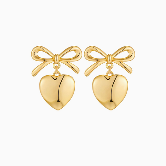 Yellow Gold Heart Bow Cute Girl Earrings