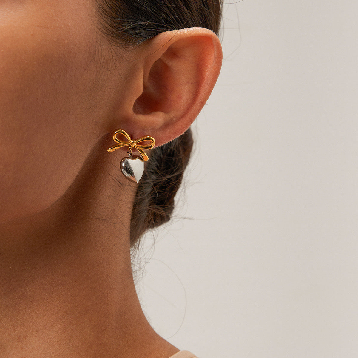 Silver Heart Bow Cute Girl Earrings