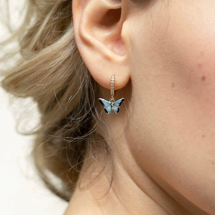 Retro Blue Butterfly Enamel 18k Gold-plated Earrings