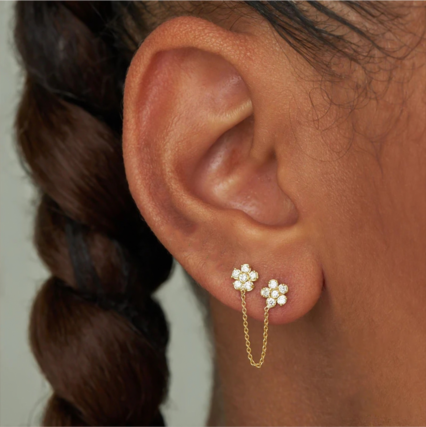 Gold 2 Flower Chain Stud