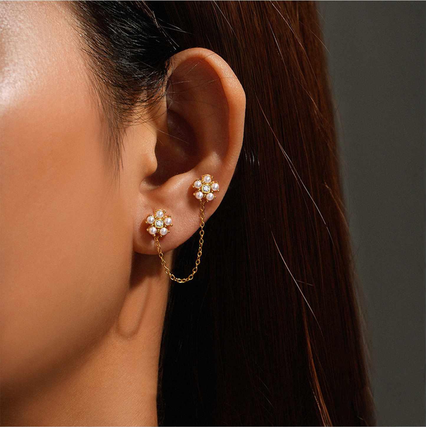 Gold 2 Flower Chain Stud