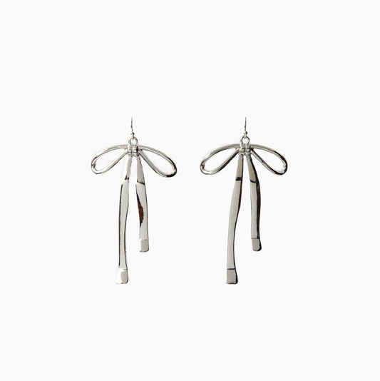 Coquette Ribbon Bow Silver Earrings