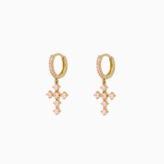 Yellow Gold Pink Cross Earrings