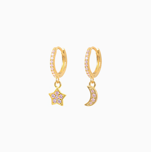 Yellow Gold Pink Tiny Moon Night Earrings