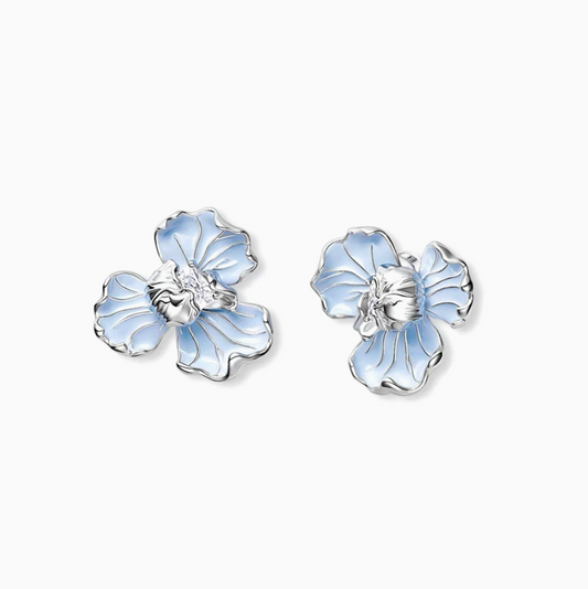 Blue Enamel Hibiscus Flower Earrings