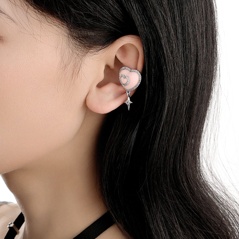 Platinum-plated Flocked Pink Heart Cute Girl Pearl Bow Earclip (Single)