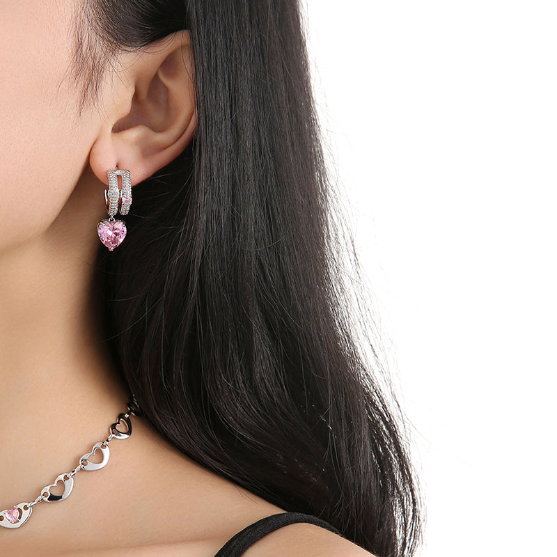 Platinum-plated Stunning Pink Heart Earrings