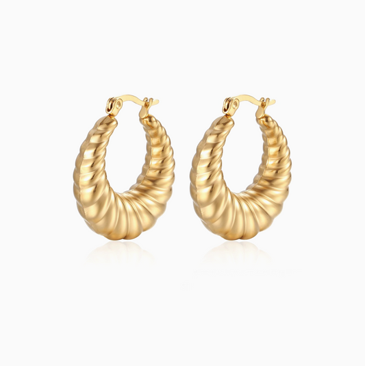 Elegant 10K Gold Scalloped Edge Tapered Medium Hoop Earrings