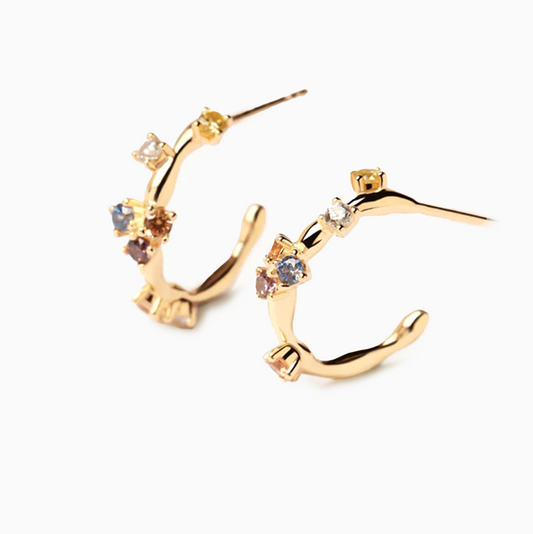 18k Gold Plated Asymmetrical Colorful Crystal Hoop Earrings