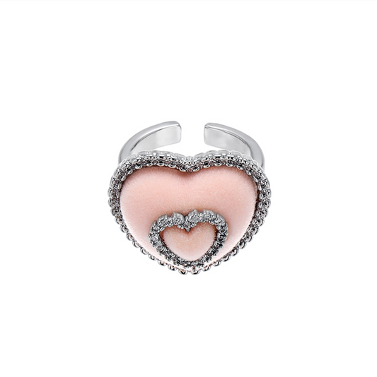 Platinum-plated Flocked Pink Heart Cute Girl Ring