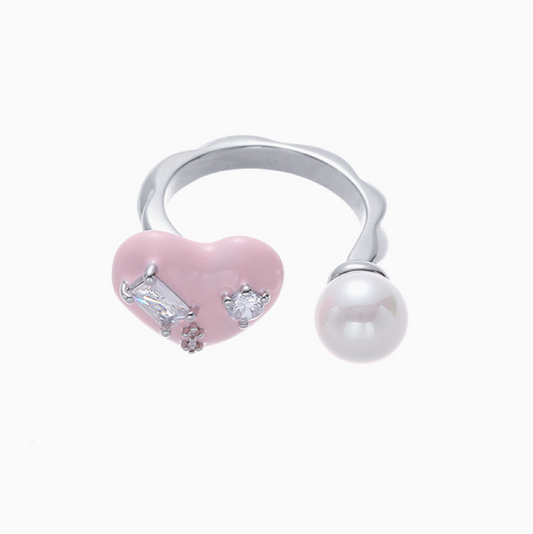 Handmade Pink Enamel pearl Heart Ring