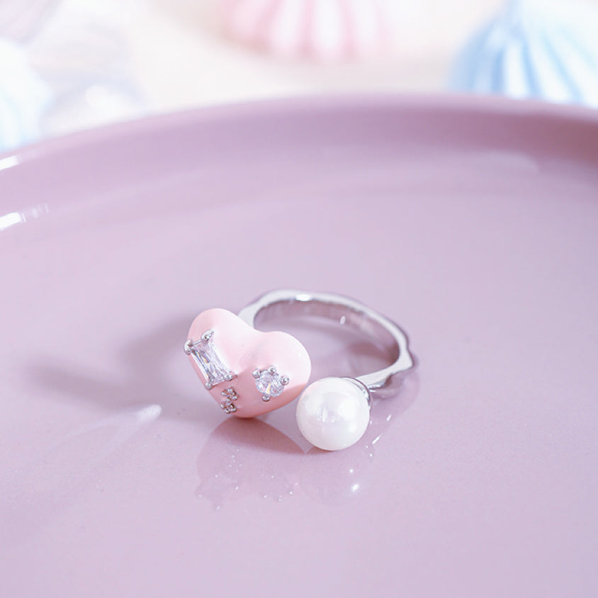 Handmade Pink Enamel pearl Heart Ring
