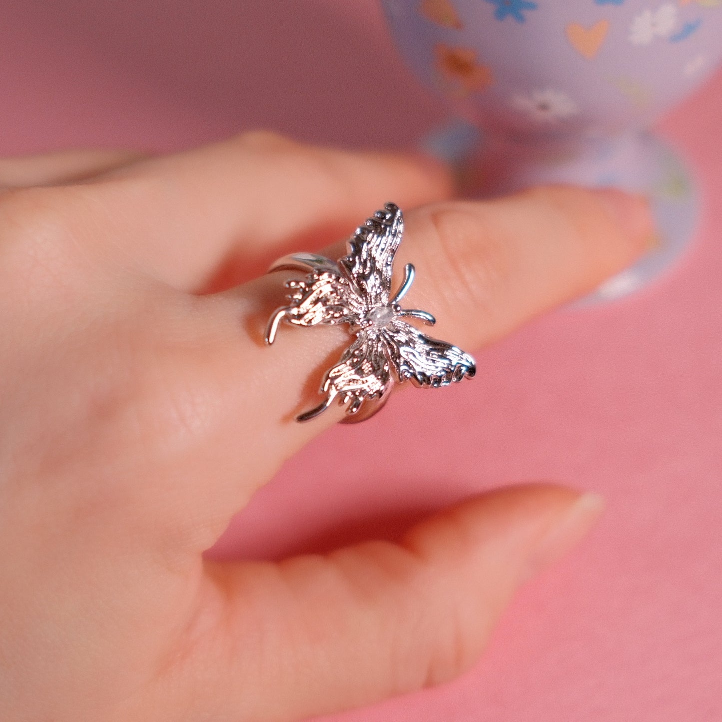 Silvery Butterfly Zircon Ring