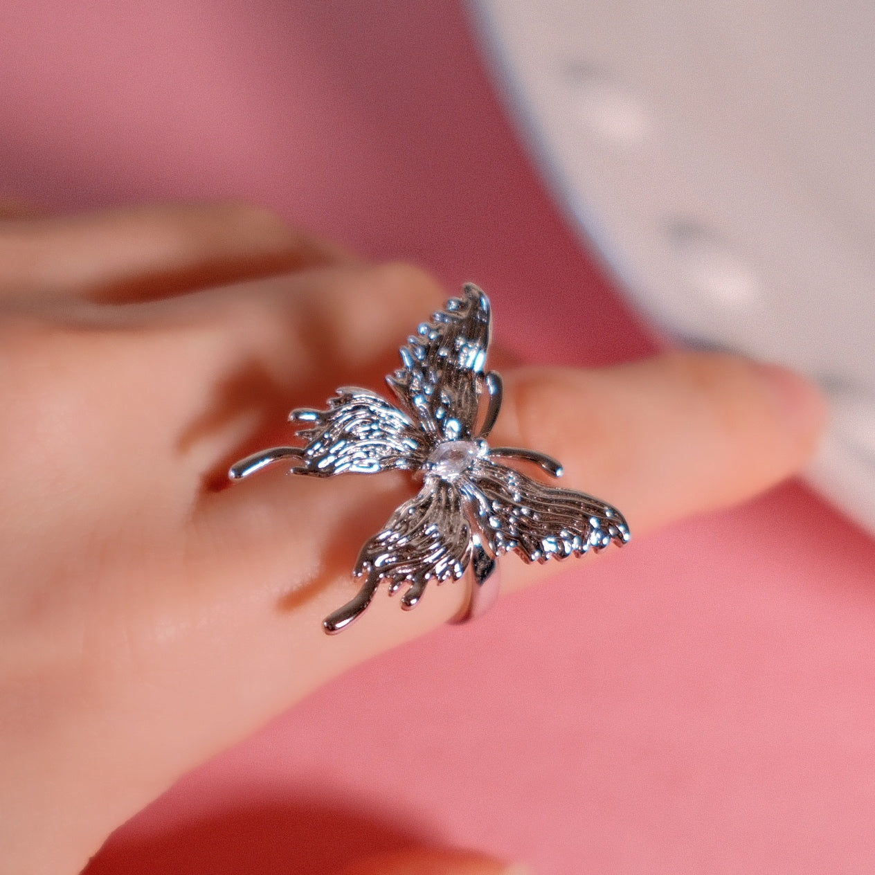 Silvery Butterfly Zircon Ring