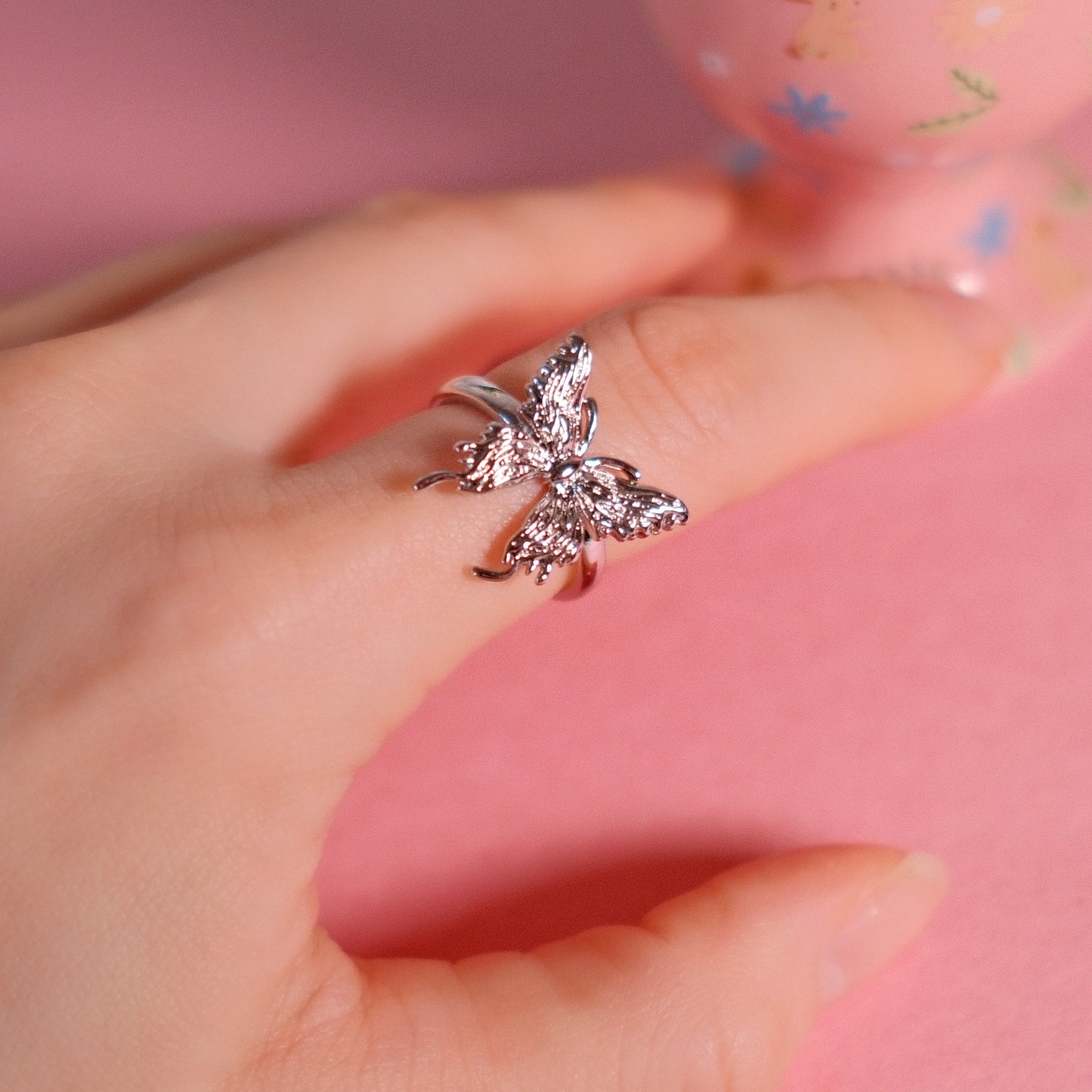 Silvery Butterfly Zircon Ring